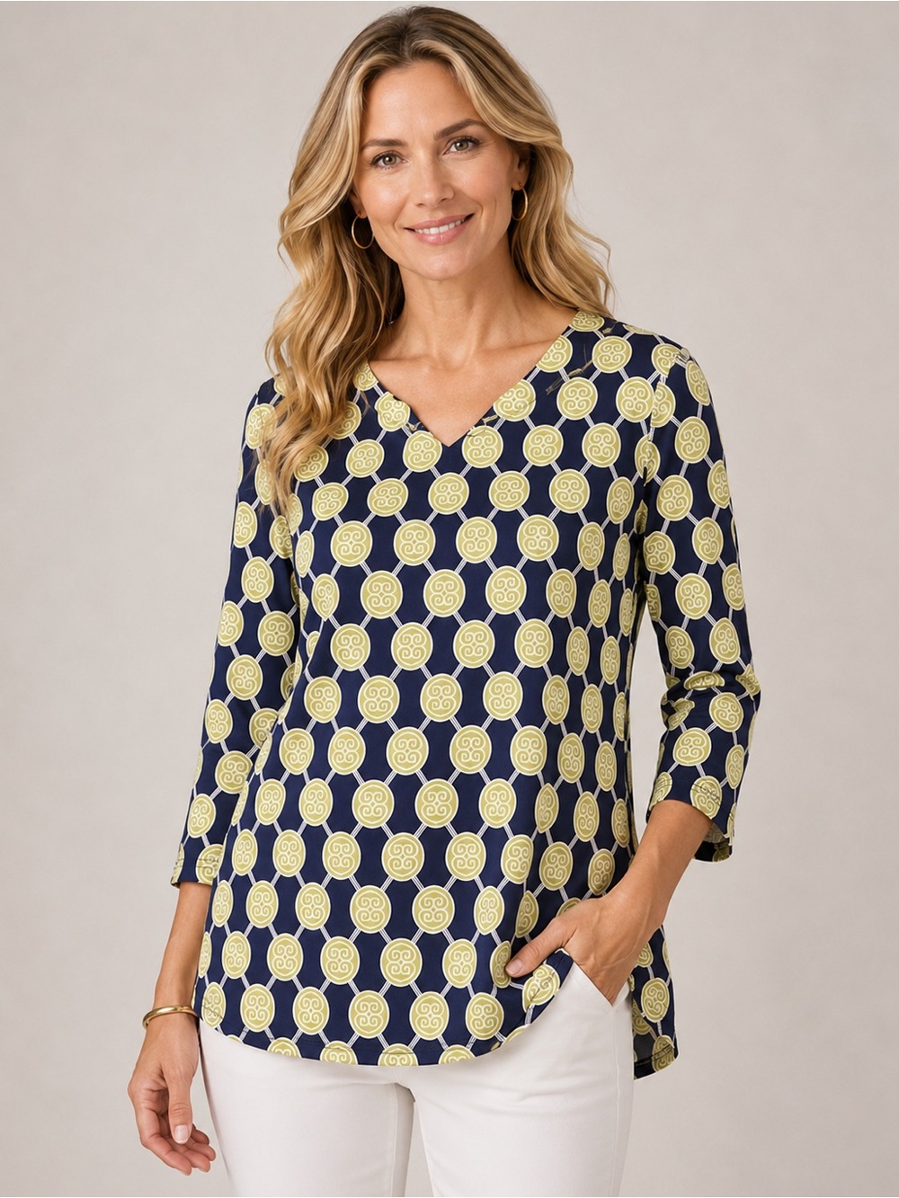 Women's Navy and Yellow Geometric Long-Sleeve Blouse